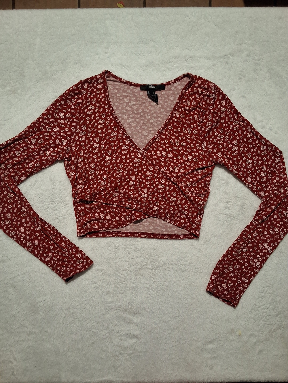 Forever 21 Red Floral Wrap-Front Long Sleeve Crop Top